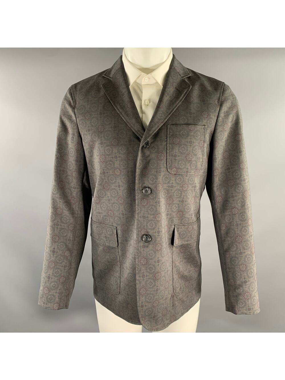 BEAMS PLUS Chest Size 42 Grey Burgundy & Navy Geometric Polyester Sport Coat